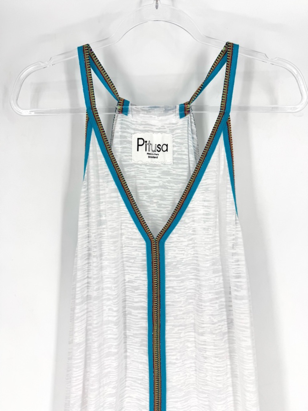 Pitusa Inca Sundress White Sheer Cover-Up Maxi with Teal Trim Fits Size 6-12 - Picture 5 of 11